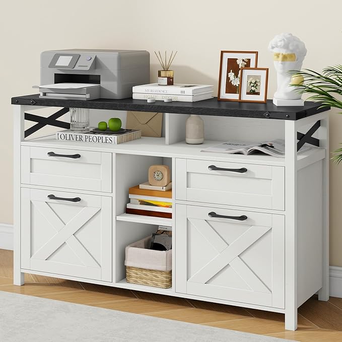 Lateral File Cabinets 4 Drawers with Open Storage Shelf Farmhouse Filing Cabinet with Adjustable Shelf for Home Office Filing Organization Storage Cabinets for Hanging Files Letter/A4. Black