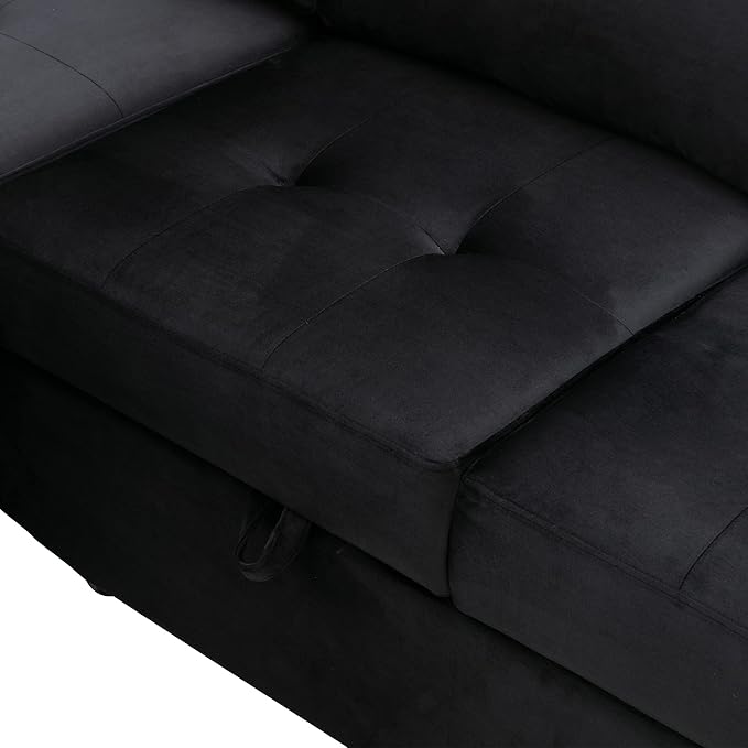 87.4 Sleeper Sectional Ottoman and Hidden Arm StoragePull-Out L-Shape Corner Couch Sofa-Bedw/USB ChargeErgonomic Designfor DormApartmentStudioOfficeBlack