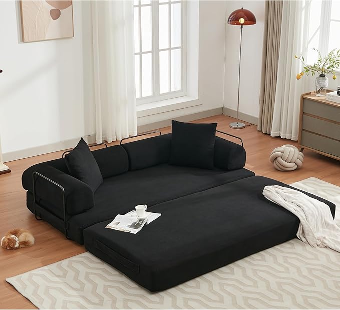 Convertible Floor Sofa Bed with Fixed-Shape Frame Modular Corduroy Folding Mattress Couch with Armrest Floor Sofa Lounge Couch for Living Room Bedroom Lounge Studio-Black