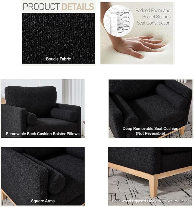 35.4 Black Boucle Modern Accent Chair with Wood Legs - Pocket Spring Foam SeatBolster PillowsEasy Assembly Reading Armchair Single Sofa for Living Room &amp OfficesLounge (Black+Natural Legs)