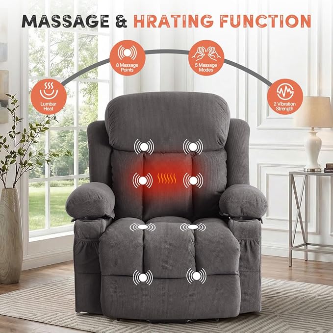 BOSMILLER Power Lift Recliner Chair with Massage and Heat for Elderly Electric Recliner Single Sofa with Two Cup Holders Extended Footrest Side Pocket and USB Charge Port for Living Room