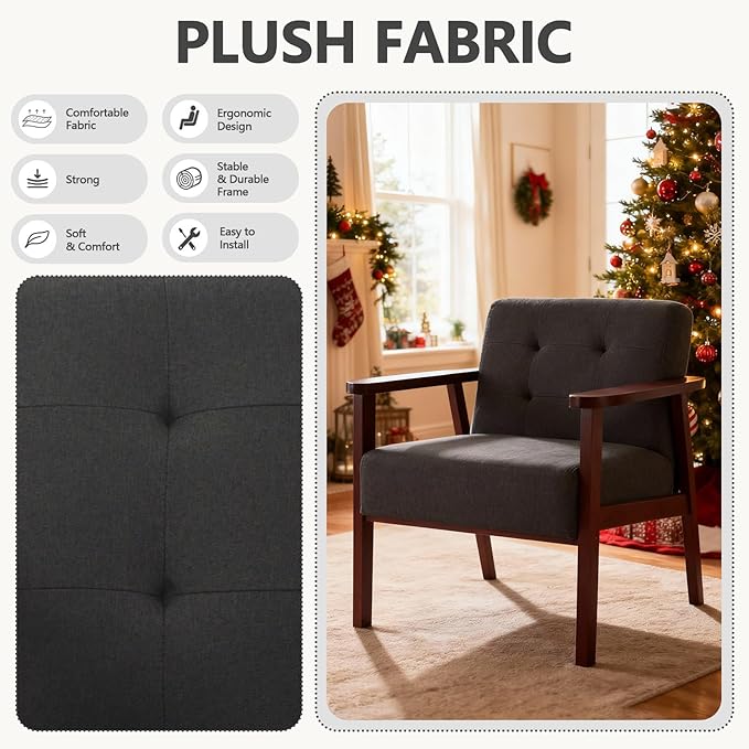 Mid-Century Accent ChairModern Fabric Living Room Chairs with Solid Wood FrameComfy Armchair Lounge Reading Chairs for Bedroom Office Small Spaces (Grey-Fabric)