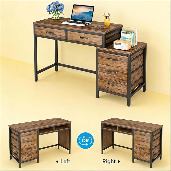 Computer Desk with Adjustable Position Drawers Rustic Brown Gaming Desk with Storage Compact Home Office Desks Vanity Desks Without Mirror for Bedroom/Study Writing