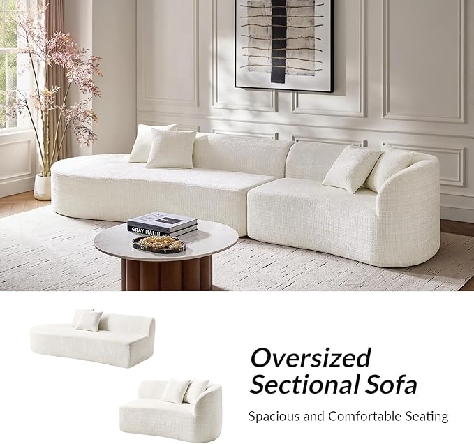 141.75 Modern Curved Compressed Sofa All-Foam Cloud Couches with 4 Pillows No Assembly Required Boneless Sectional Sofas Large Floor Couch for Living Room Ivory