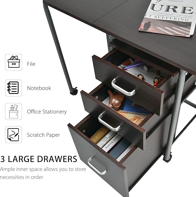 GRAFFY Computer Desk Small Laptop Work Desk w/Folding Table top &amp 3 Storage Drawers Collapsible Desk w/6 Wheels Writing Workstation Laptop Table for Home Office Brown (Brown)