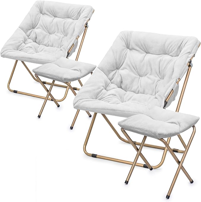 Athena Collection Comfy Saucer Chair and Ottoman Set of 2 for Adult Comfortable Faux Fur Square Oversize Folding Reading Chair with Metal Leg Lazy and Cozy for Bedroom Living Room White
