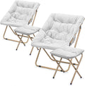 Athena Collection Comfy Saucer Chair and Ottoman Set of 2 for Adult Comfortable Faux Fur Square Oversize Folding Reading Chair with Metal Leg Lazy and Cozy for Bedroom Living Room White