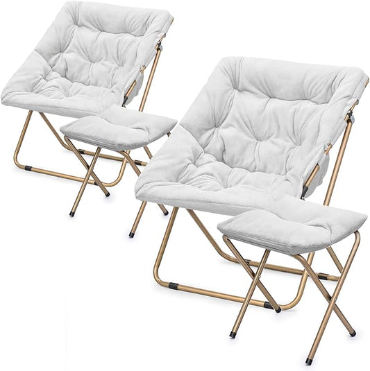 Athena Collection Comfy Saucer Chair and Ottoman Set of 2 for Adult Comfortable Faux Fur Square Oversize Folding Reading Chair with Metal Leg Lazy and Cozy for Bedroom Living Room White