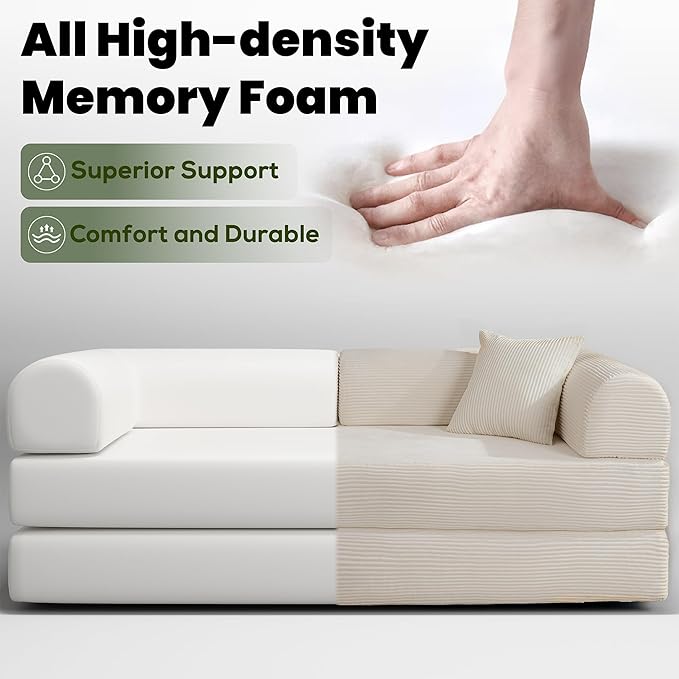 79 Convertible Sofa Bed Boneless Corduroy Sleeper Foldable Modular Couch Memory Foam Compressed Sofa in A Box Folding Mattress Floor Couch for Small Space Living Room Apartment Bedroom White