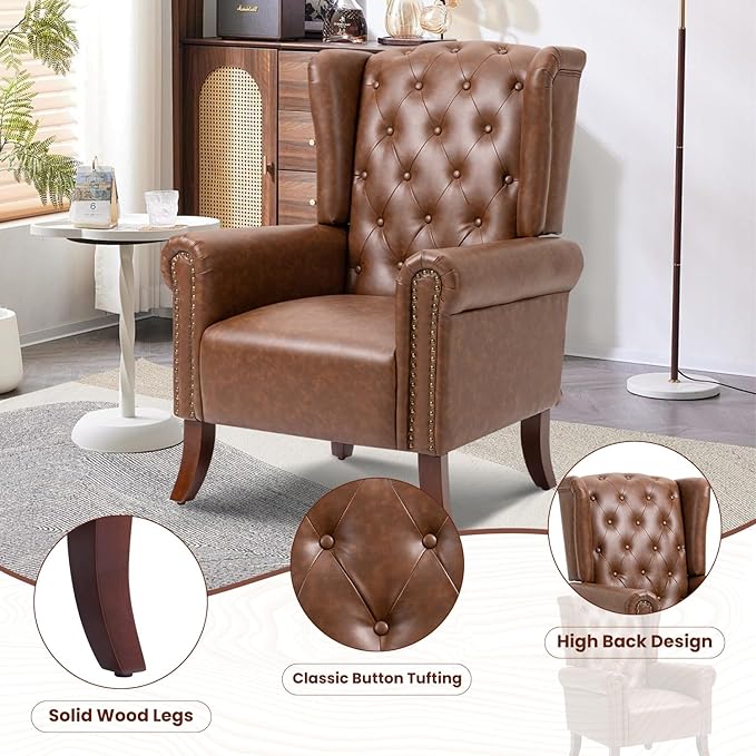 Faux Leather Accent Chair Mid-Century Armchair Upholstered Club Sofa Chair with Wooden Legs High Back Living Room Chair for Bedroom Office Lounge (Brown)