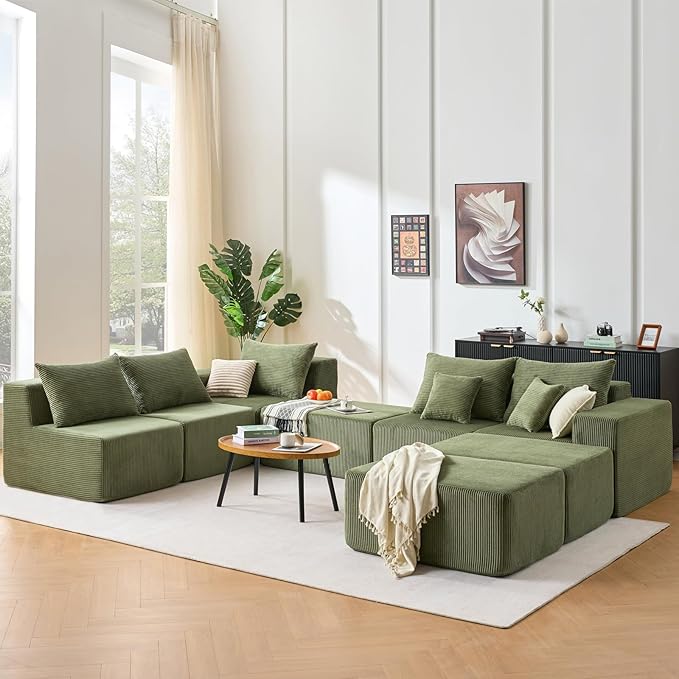 155 Oversized Cloud Boneless Couches for Living Room U-Shaped Modular Sectional Sofa with Deep Seat 8 Seater Boneless Couch with Ottoman &amp Pillows DIY Combination Modular Couch (Green 155)
