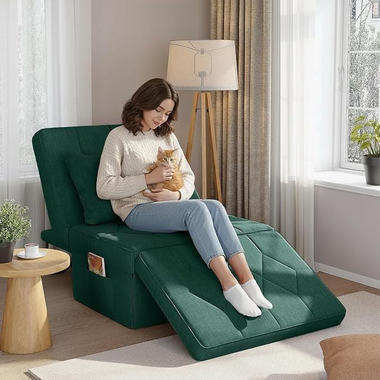 Convertible Sofa Bed with 5-Level Adjustable Backrest 74 D x 28 W 4-in-1 Folding Ottoman Sleeper Chair Bed Modern Single Futon Couch for Living Room Apartment Dorm Small Space Green