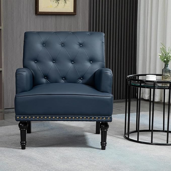 MOJAY Faux Leather Accent Chair Set of 2 Mid-Century Modern Living Room Chair Lounge Study Sofa Chair with Sturdy Wood Legs Club Chair Armchair for Bedroom Home Study Reception (DarkBlue)