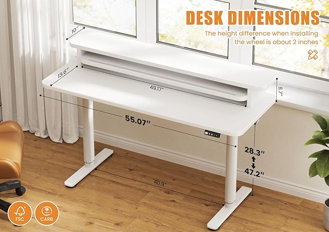 Flycity Electric Standing Desk with Dual Monitor Stand Height Adjustable Desk Sit Stand Desk with Memory Controller Casters &amp 2 Hooks Low Noise Home Office Desk (White 55 x 24)