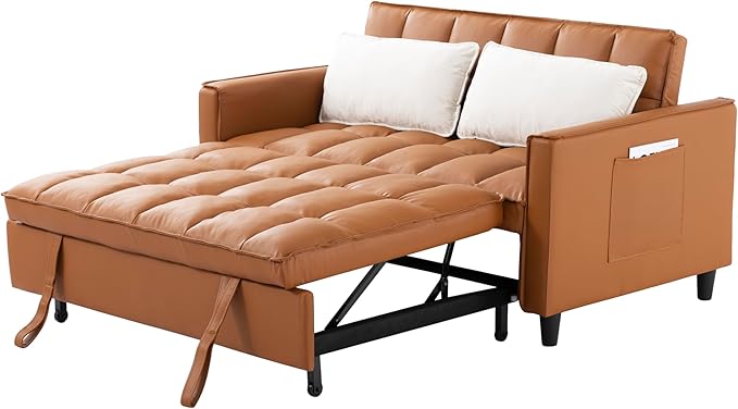 3 in 1 Convertible Sofa Bed Love Seat Sleeper Bed with Side Pockets PU Fabric Pull Out Couch with Adjustable Backrest for Living Room Bedroom Apartment Brown