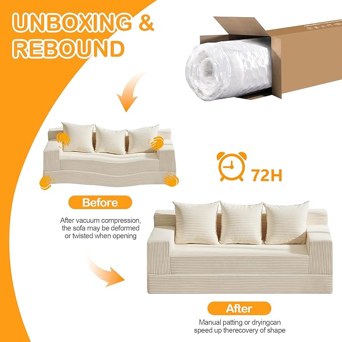 Convertible Futon Sofa Bed Couch 78'' Corduroy Folding Sofas Bed Compression Boneless Floor Couch Sofa Beds with 3 Pillows for Living Room Bedroom Apartment