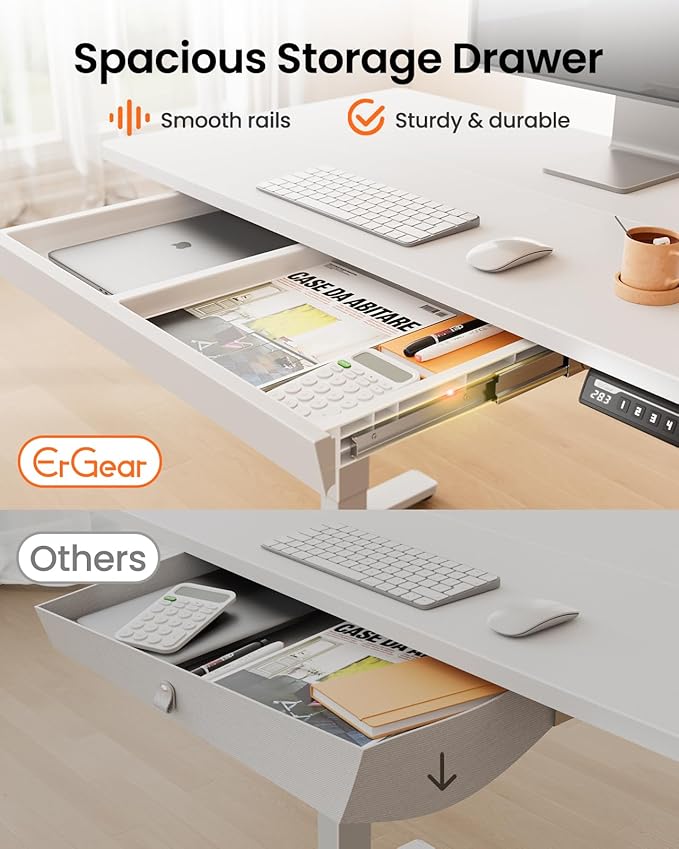 ErGear 55 x 24 Electric Standing Desk with Drawers Height Adjustable Desk with 4 Preset Heights Ergonomic Rising Home Office Computer Table with Splice Board White