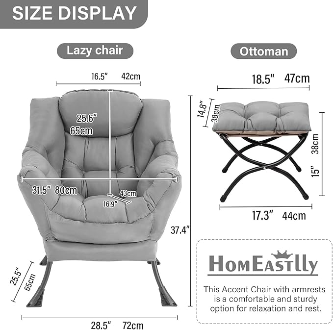 Lazy Chair with Ottoman Large Light Grey Accent Chair with Ottoman Comfy Reading Armchair Leisure Sofa Chair for Living Room Bedroom Dorm Room Office