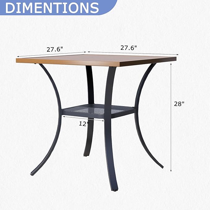 27.6 Square Outdoor Patio Table All-Weather Metal Patio Table with Storage ShelfOutdoor Dining Table for Lawn Garden Porch Walnut