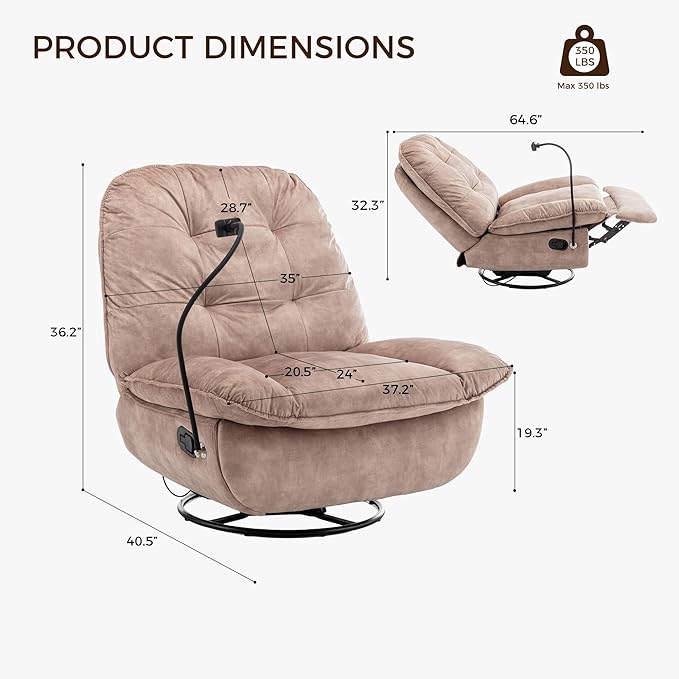 Swivel Rocker Recliner Chair for Adult Glider Nursery Rocking Chair Armless Single Recliner Sofa for Living Room Oversized &amp Overstuffed Phone Holder Included Brown