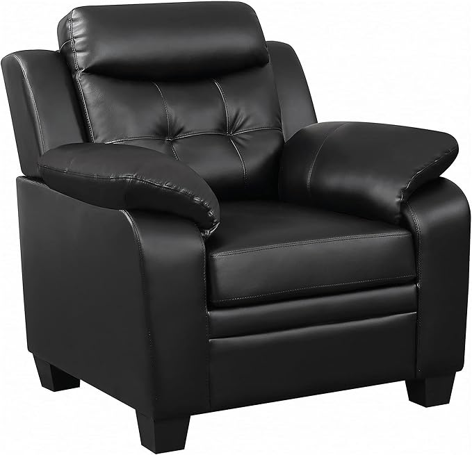 BOWERY HILL Contemporary Tufted Upholstered Accent Chair Black Leatherette 40 H x 39.5 W x 36 D Plush Headrest and Armrests Solid Wood Frame Stylish Living Room or Office Seating