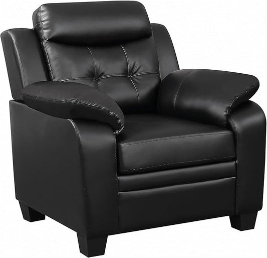 BOWERY HILL Contemporary Tufted Upholstered Accent Chair Black Leatherette 40 H x 39.5 W x 36 D Plush Headrest and Armrests Solid Wood Frame Stylish Living Room or Office Seating