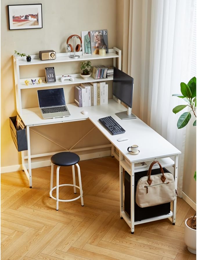 94.5 Inch L Shape Home Office Desk Computer Desk Gaming Desk with Storage Shelves Side Bag &amp Padded Stool for Small Space Compact Corner Desk PC Laptop Desk with Metal Frame &amp CPU Stand for
