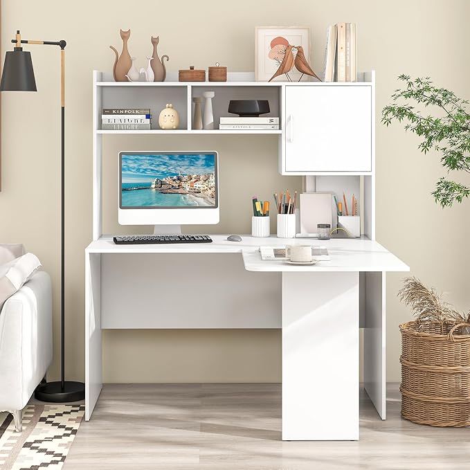 Giantex L Shaped Desk with Hutch White Corner Desk with Storage Shelf &amp Cabinet Laptop PC Table Gaming Computer Table Workstation Modern Executive Study Writing Desk for Home Office Bedroom