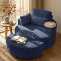 Yoglad 51” Swivel Barrel Chair with Storage Ottoman Corduroy Upholstered Accent Chair and A Half with Tray Table Oversized Chaise Lounge Round Sofa Chair for Living Room Bedroom(Blue)