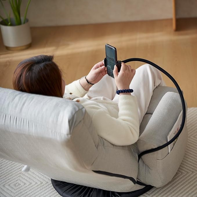 Gwen Upholstered 360° Swivel Chair Lounge Chair with Adjustable Backrest/Headrest Metal Frame Living Room Lounge Sofa and Phone Holder Comfy Bean Bag Chair Gray