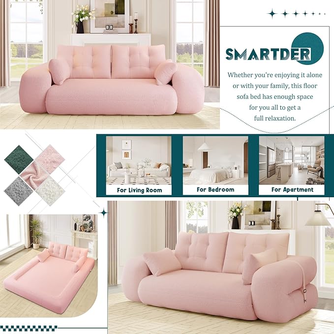 Convertible Sofa Bed with Folding Mattress Oversized Human Dog Bed 3-in-1 Sleeper Couch with Pillows and Thick Armrests 78.7 King Size Floor Sofa for Living Room Bedroom Guest Room Pink Teddy