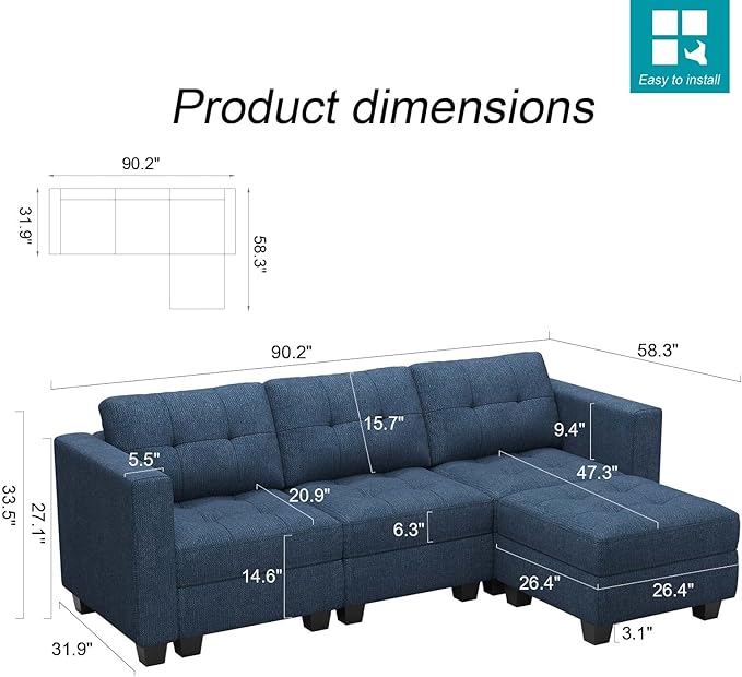 Belffin Modular Sectional Sofa L Shaped Sofa Couch with Storage Seats Convertible Sectional Couch Modular Sofa with Reversible Chaise Fabric Blue