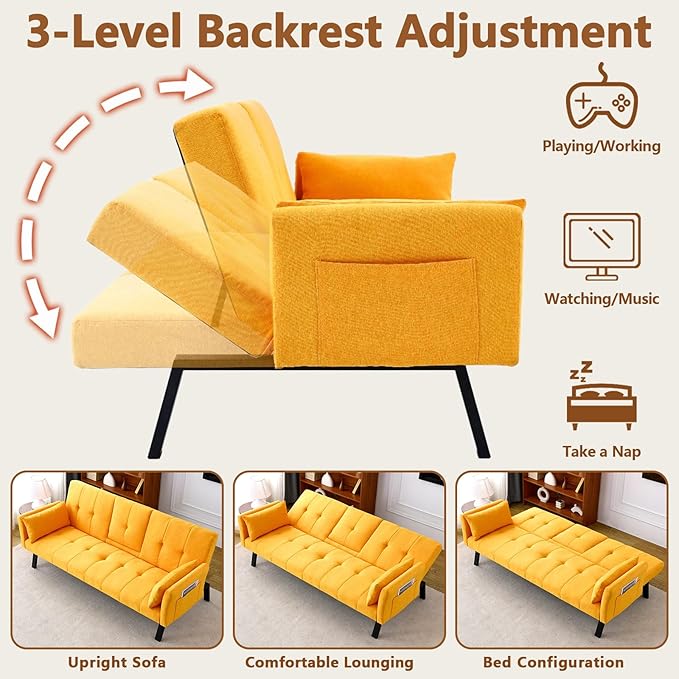 72 Cotton-Linen Futon Couch Living Room Couch Bed Convertible Sleeper Sofa Bed with Cup Holder for Bedroom Guest Bed 2 Seater Reclining Sofas Couches with Nailhead Trim for Small Space (Yellow)