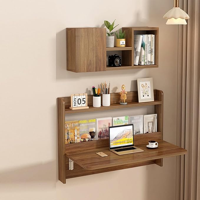 Wall Mounted Folding Table with BookshevesFloating Desk with BookcaseWooden Fold Down Laptop Table for Small SpaceHome Office BedroomStudy RoomDormWalnut Color