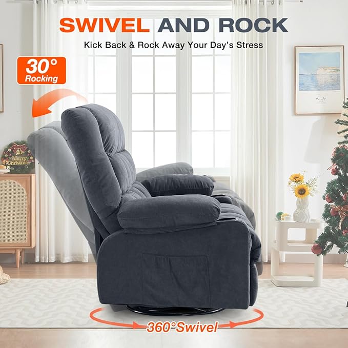 Swivel Recliner Chair for AdultsRocker Recliner with Vibration Massage and Lumbar HeatErgonomic Rocking Chair with Side Pocket2 Cup Holders for Living Room