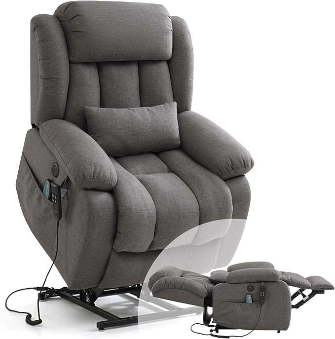 Infinite Position Lay Flat Lift Recliner Chair for Adults Dual Motor Power Lift Chair for Elderly with Massage &amp Heating USB Ports Remote Control &amp Lumbar Pillow Linen Fabric (Grey)