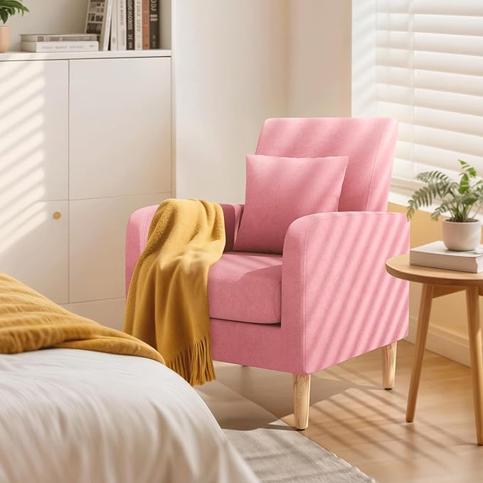 Magshion Mid-Century Accent Chair for Living Room Comfy Reading Chair for Bedroom Upholstered Linen Fabric Armchair Single Sofa with Back Pillow &amp Wood Legs 300 lbs Capacity Pink