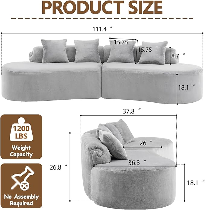 112 Grey Curved Boneless Couch with Cushions Modern Cloud Sofa for Living RoomChenille Sectional Minimalist Deep Seat Luxurious No Assembly