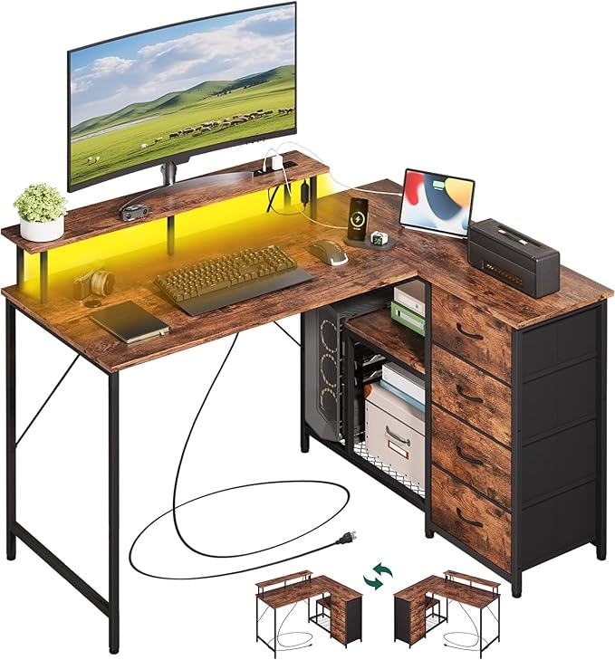 Somdot 53 L Shaped Desk with 4 DrawersHome Office Desks with Power OutletsGaming Desk with USB Charging Port and Host Stand Corner Desk with Storage Shelves for GamingWood Grain Print