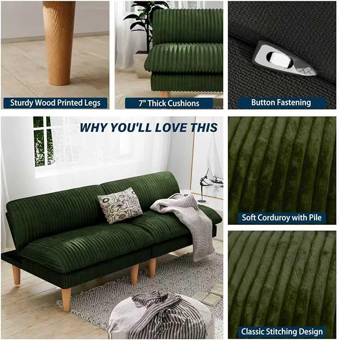 3 Sets 69 Futon Sofa Bed 4 in 1 Multi-Function Couch Sleeper with Adjustable Backrest Modern Convertible Futon Recliner Small Loveseat for Living Room Plush Green
