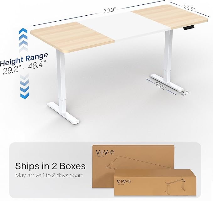 VIVO Electric 71 x 30 in Standing Desk Memory Height Adjustment 1B Series Holds 220 lbs White and Light Wood Top White Frame DESK-KIT-1W7WC