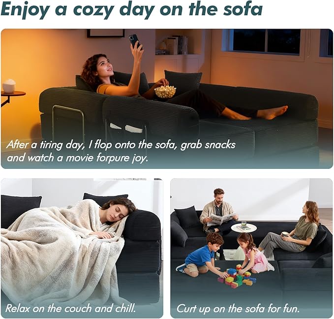 10-in-1 Folding Convertible Sofa Bed 141 Inch Boneless Couch with Fixed-Shape Frame Corduroy Modular Sectional Sofa Mattress Sleeper Sofa Floor Sofa Futon Couch for Living Room (Black)