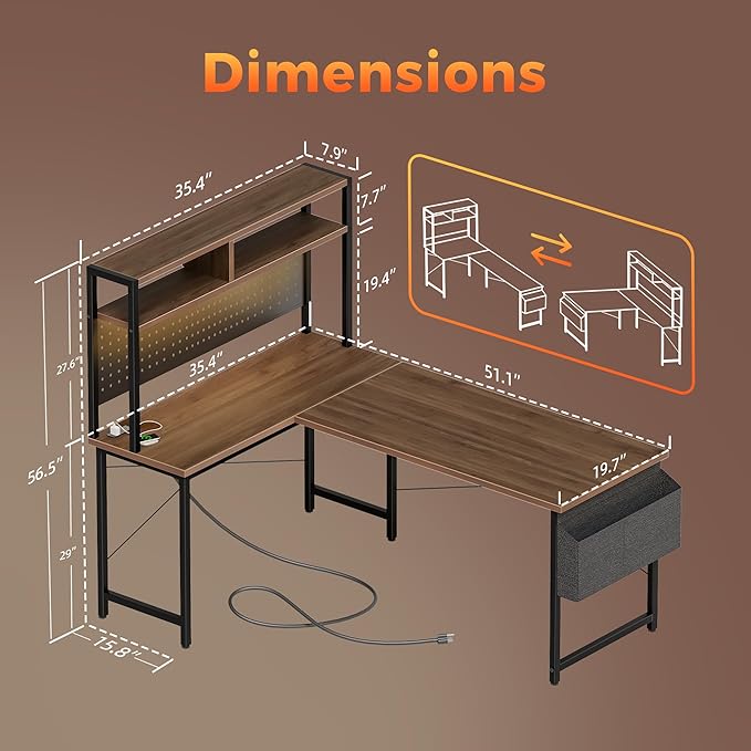 Mericonia 50 inch Large L Shaped Desk with Pegboard Hutch &amp Shelves Corner Gaming Desk with Power Outlet LED Light &amp Storage Bag Reversible Computer Desk for Home Bedroom Office Workspace