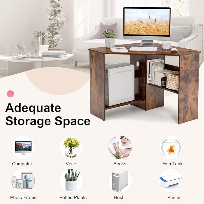 Tangkula Corner Desk 90 Degrees Triangle Computer Desk for Small Space Bedroom Makeup Vanity Desk with Storage Shelves &amp CPU Stand Space Saving