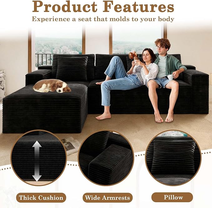 104 Boneless Couch with Chaise Sectional Couches for Living Room L Shaped Couch 4 Seat SofaCompression Sofa for Bedroom Comfy No Assembly Corduroy (Black Left)