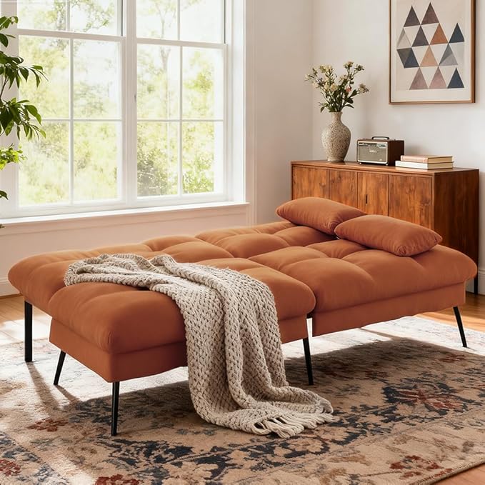 COMHOMA Convertible Sofa Bed68″Fabric Couch with Adjustable BackrestLoveseat Recliner Sleeper Living Room Furniture futon SetOrange