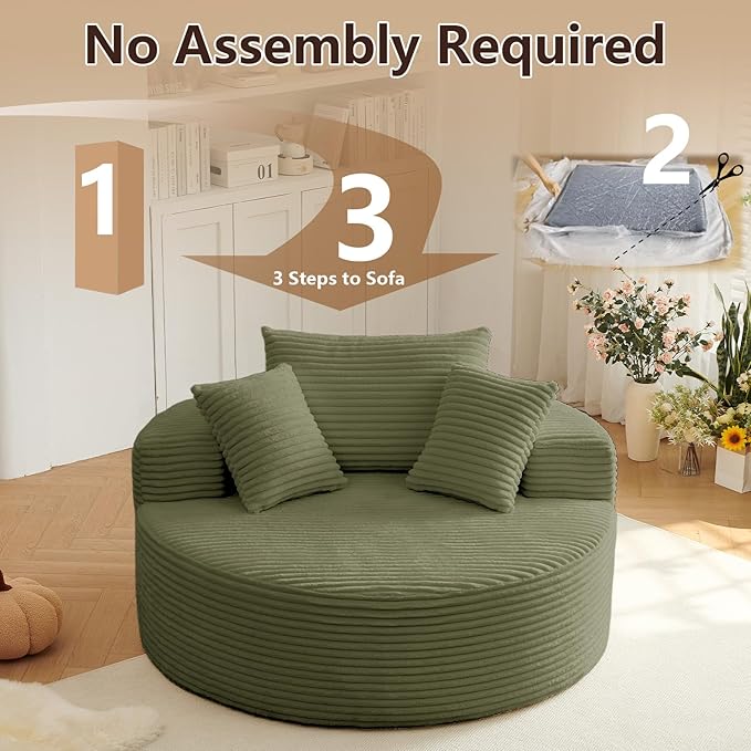 55'' Oversized Round Chair Lounge Chaise Indoor Cloud Boneless Large Circle Chair with Plush Corduroy No Assembly Required Fluffy Modern Sleeper Sofa Bed for Reading Living Room Bedroom(Green)