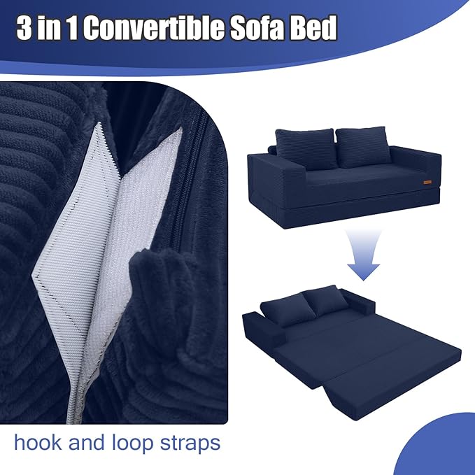 COMAX Convertible Sofa Bed Queen Corduroy Folding Floor Couch Pull Out Couch Bed Futon Sleeper with Pillows Fold Out Boneless Sofa Comfy Lounge Mattress Loveseat for Living Room Bedroom Navy