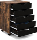5 Drawers File Cabinet Vertical Filing for Home Office Mobile Under Desk Storage With Wheels Modern Chest of Drawers for Bedroom (Rustic Brown)