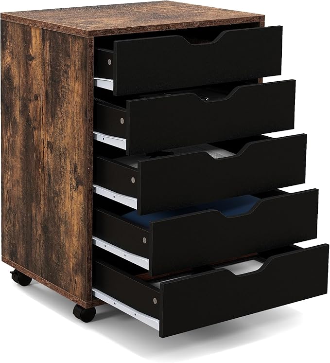 5 Drawers File Cabinet Vertical Filing for Home Office Mobile Under Desk Storage With Wheels Modern Chest of Drawers for Bedroom (Rustic Brown)